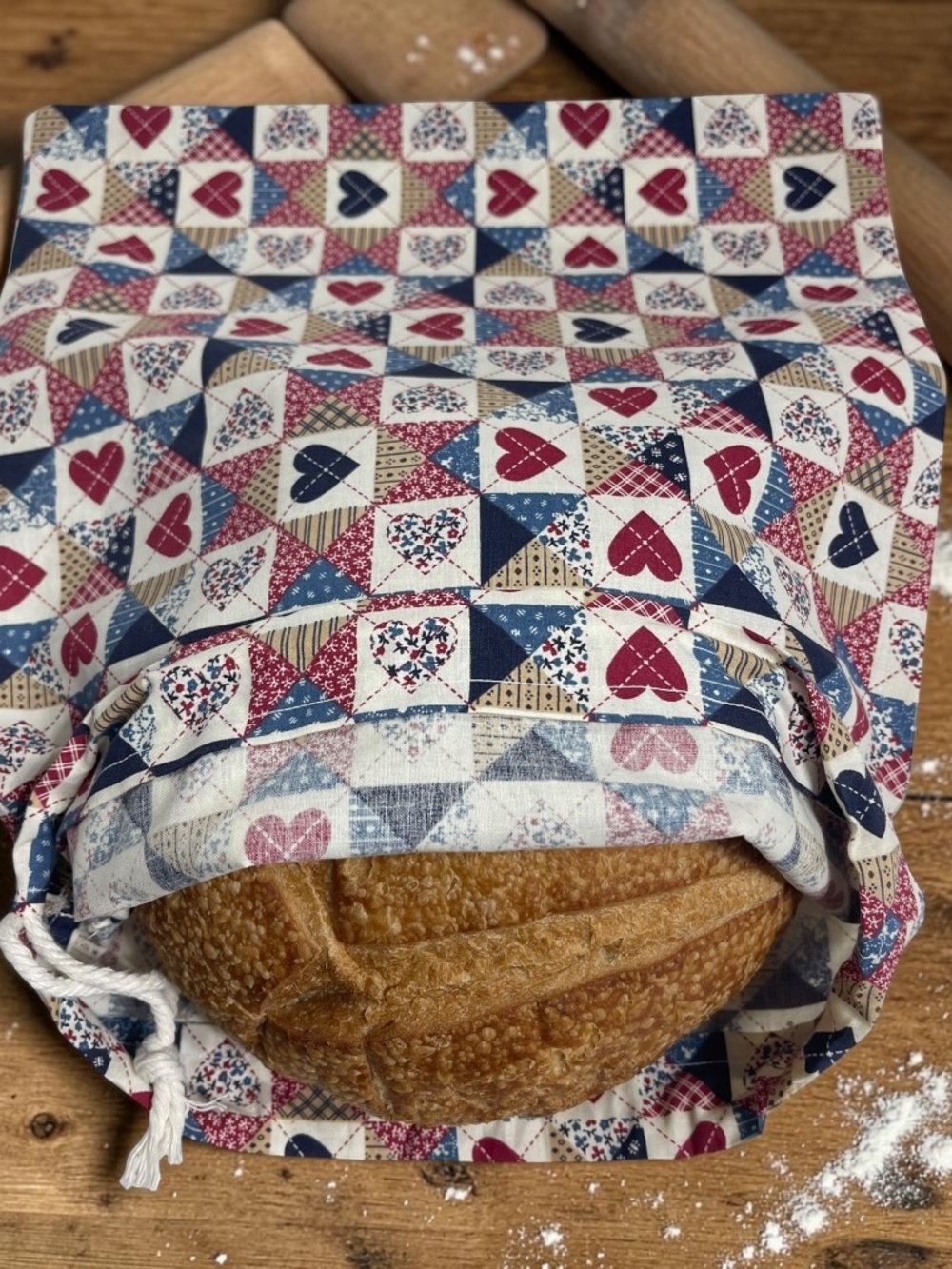 Country Patch Heart Bread Bag, Farmhouse Reusable Cotton Sourdough Storage Bag